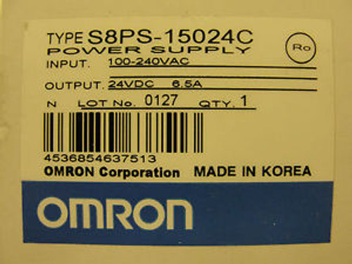 New Omron Power Supply, S8PS-15024C, Input 100-240VAC, Output 24VDC, 6.5Amps