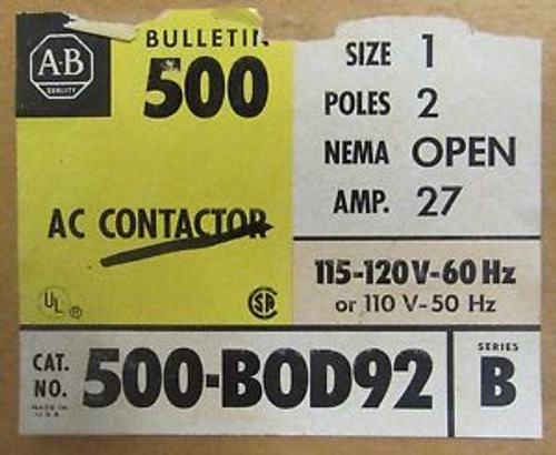 ALLEN BRADLEY 500 B0D92 Size 1 27 Amp 2 Pole Contactor 110 120V