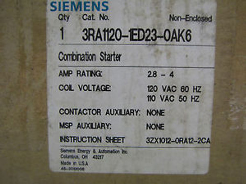 Siemens 3RA1120 1ED23 0AK6 Combination Starter 110-120 Volt Coil