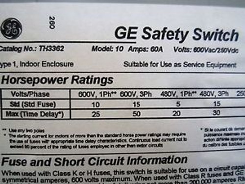 G E Cat # TH3362 Safety Switch ,Model 10 - New