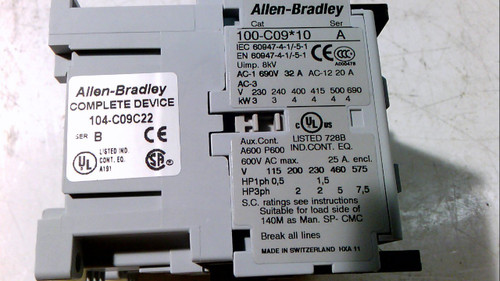 ALLEN BRADLEY 104-C09C22 SERIES  B, CONTACTOR,REVERSING600V MAX 9 AMP, NEW