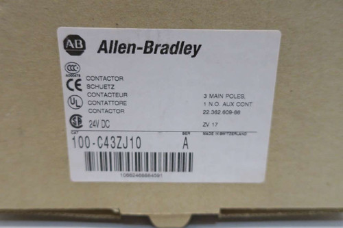 Allen Bradley 100-C43Ej10 Contactor 43Amp 3Pole 24Vdc 1No Auxiliary Allen Bradley 100-C43Ej10 Contactor 43Amp 3Pole 24Vdc 1No Auxiliary