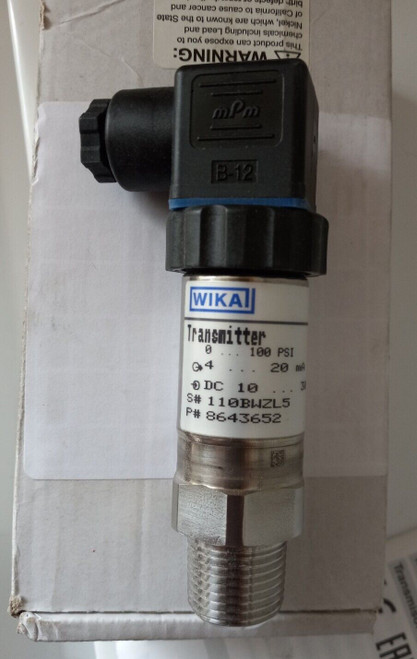 WIKA S10 Pressure Transmitter - 0 - 100 psi - 1/2" npt - 8643652