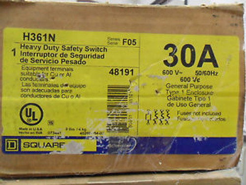 New Square D Fusible Safety Disconnect Switch H361N Ser F05 30A 600V 3P 4W NIB