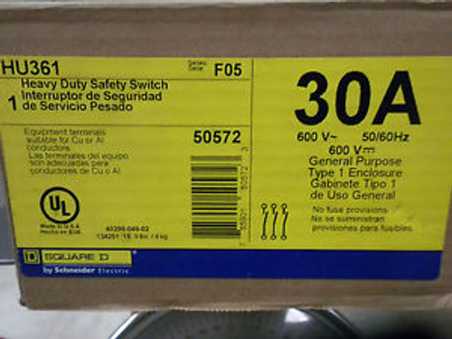 SQUARE D HU361 3 POLE 30 AMP 600 VOLT NON-FUSED SAFETY SWITCH