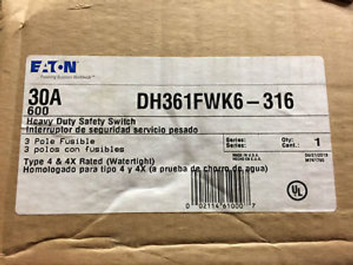 Eaton DH361FWK6-316 Disconnect Safety Switch 3 Pole 30 Amp Fusible NEMA 4X Stain