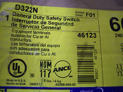 SQUARE D DISCONNECT CAT#D322N 60A 240V FUSED NIB