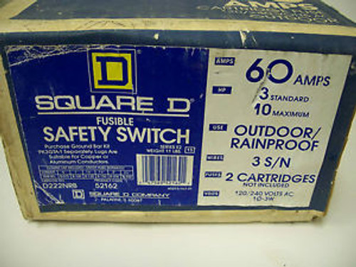SQUARE D FUSIBLE SAFETY SWITCH CAT#D222NRB 60A 3R 120/240VAC NIB