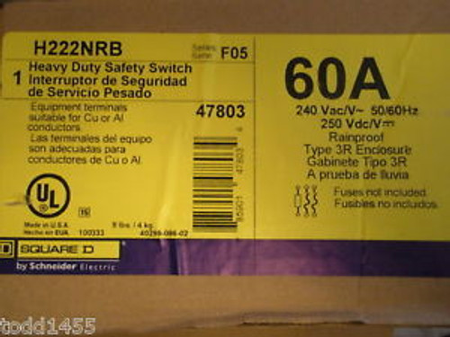 Square D H222NRB 240V 60A Fusible Safety Switch F05 Heavy Duty Enclosure New