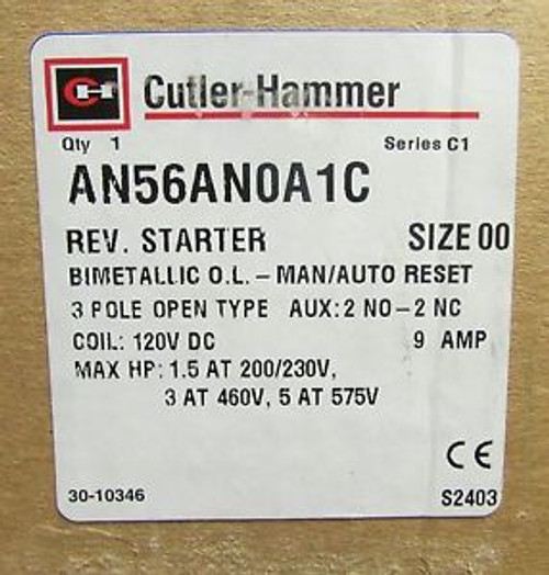 CUTLER HAMMER Size 00 Reversing Starter 9 AMP 120VDC AN56AN0A1C