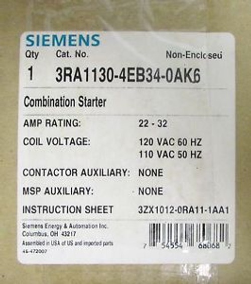 SIEMENS FURNAS Combination Starter 22-32 AMP 3RA1130 4EB34 0AK6