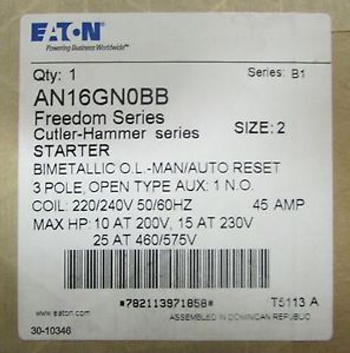 EATON CUTLER HAMMER Size 2 Freedom Series Starter 45 Amp 220/240V AN16GN0BB