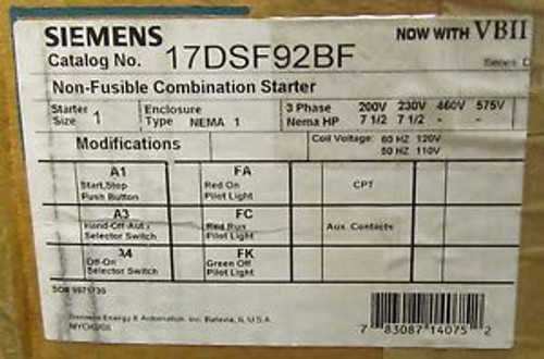 SIEMENS 17DSF92BF Size 1 110 120 V Non Fusible Combo Starter NEMA 1 14DS+32A