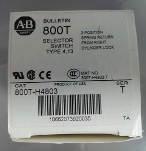 Nib Allen-Bradley Selector Switch 800T-H4803,Ser T,2 Position,Spring Return