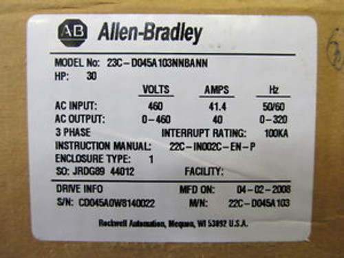 Allen-Bradley 22C-D045A103 30HP 460V 3PH Powerflex 400 Model 23C-D045A-103NNBANN