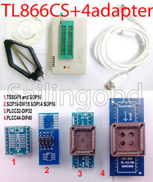 TL866CS programmer 4 adapters PLCC44 PLCC32 SOP16 IC AVR PIC Bios 51 Flash EPROM