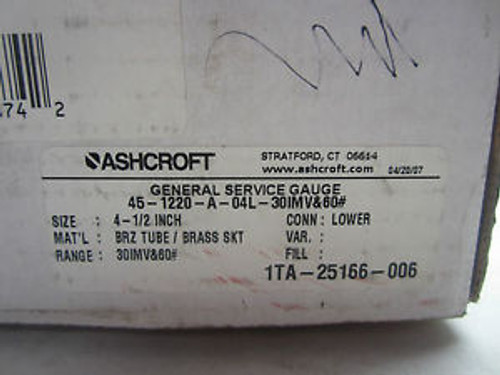 New Ashcroft 45-1220-A-04L-30IMV Pressure Gauge 451220A04L30IMV