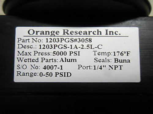 (X9-12) 1 NEW ORANGE RESEARCH 1203PGS-1A-2.5L-C DIFFERENTIAL PRESSURE GAUGE