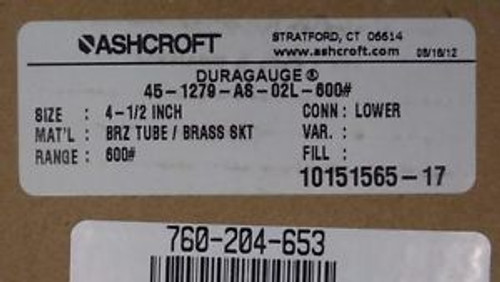 ASHCROFT DURAGAUGE 45-1279-AS-02L-600 Pressure Gauge 4.5 Range 0-600