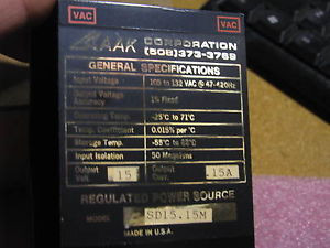 AAK POWER SUPPLY MODEL #  SD15.15M  NSN: 6130-01-034-0472  # D15-15A