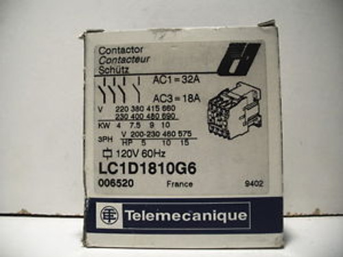 TELEMECANIQUE LC1D1810G6 CONTACTOR 1NO 120VCOIL 15HP 600V 18A 3POLE NEW IN BOX