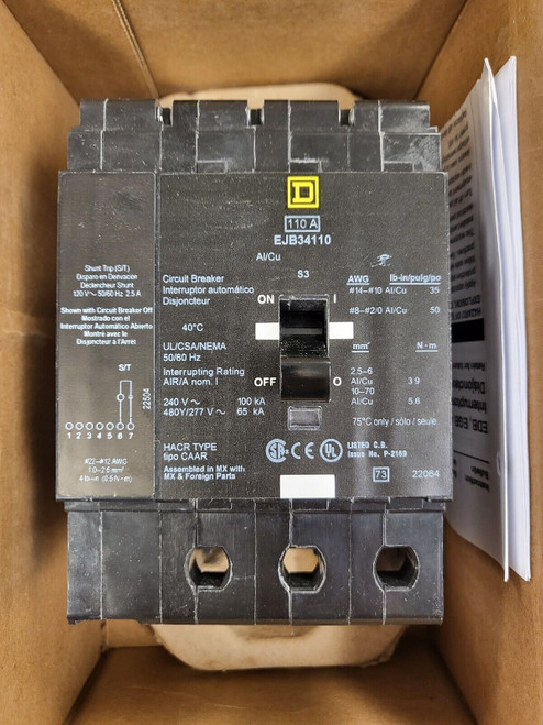 Square D Edb34110Sa 110 Amp Shunt Trip Circuit Breaker 480Y/277 Volt 3 Pole