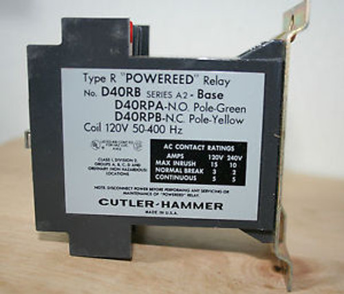 Cutler Hammer D40RBA Type R Reed Relay, 120V, 50/400 HZ, Series A1, w/out poles