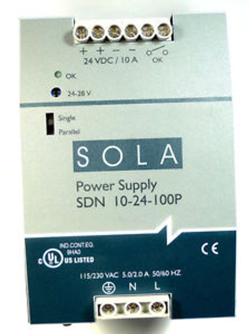 SOLA POWER SUPPLY SDN10-24-100P - 24-28 VDC 10 Amps - DIN RAIL - UNUSED Qty:1