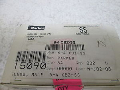 10 PARKER 6-4 CBZ-SS MALE ELBOW 3/8 NEW IN A BOX