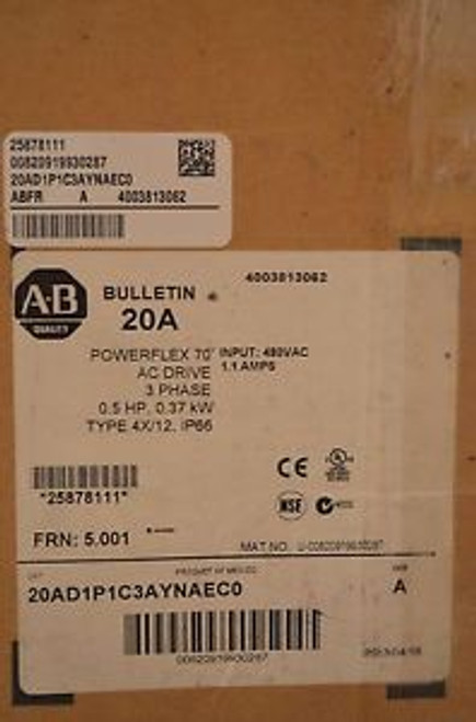 Allen-Bradley 20AD1P1C3AYNAEC0 Ser A PowerFlex 70 .5hp AC Drive