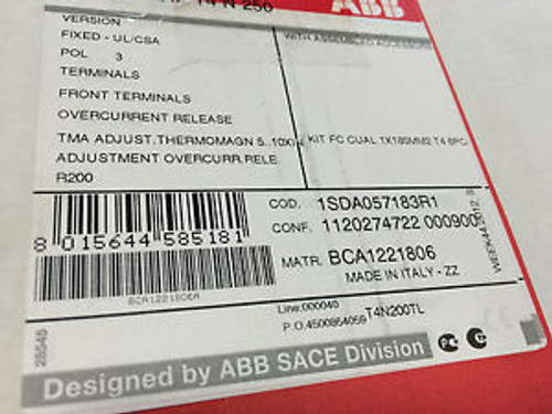 ABB T4N200TL T Max Series 3 Pole 200A 480V  25KA @ 480VAC MCB Lugs NEW IN BOX