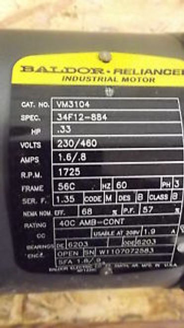 BALDOR VM3104 MOTOR .33HP 230/460V 1725RPM NEW NO BOX