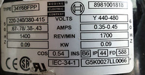 NEW BODINE 34Y6BFPP AC MOTOR, .09 kw, 1700 RPM, 220-480 VAC RTS0574.56