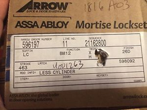 Arrow BM12-XH Storeroom Mortise Lock Lever/Escutcheon Trim With Cylinder