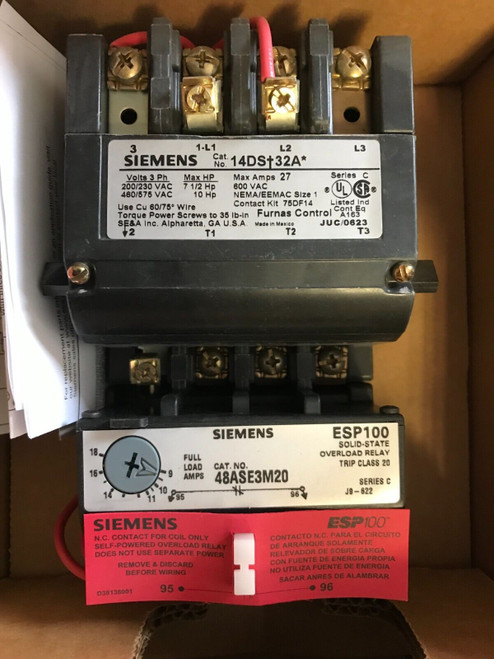 SIEMENS FURNAS 14DSE32AA NEMA SIZE 1 STARTER ESP100 9-18AMPS