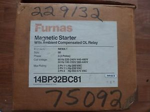 FURNAS MAGNETIC STARTER, 14BP32BC81, w/ AMBIENT OVERLOAD RELAY NOS