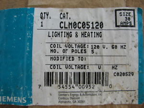 Siemens CLM0C05120 30A 120V 5P Lighting & Heating Contactor