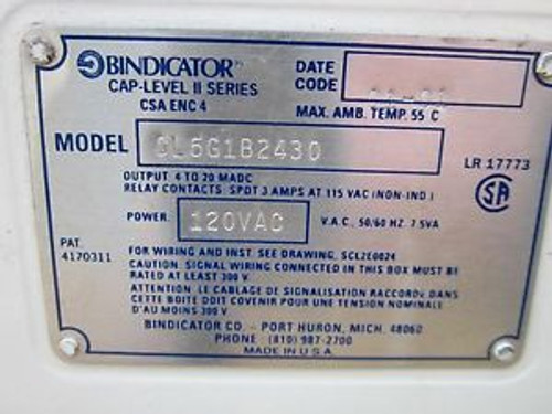 BINDICATOR Cap Level II Series Model CL5G1B2430 120 VAC  Probe New No Box