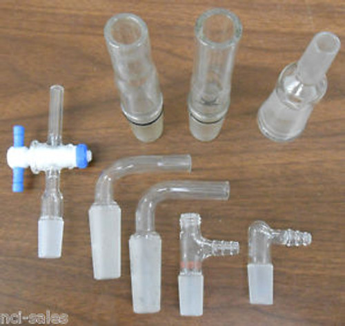 LOT OF 8 ASSORTED TAPERED LABORATORY GLASS ADAPTERS