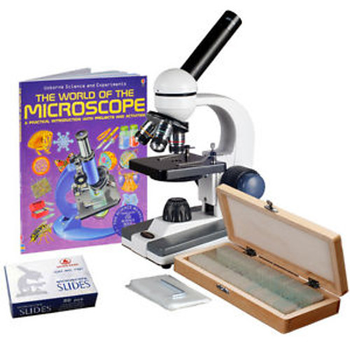 Book, Prepared & Blank Slides + 40X-1000X Cordless Student Biological Microscope