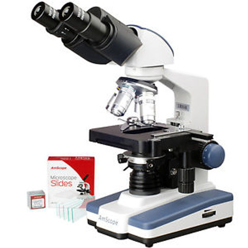 AmScope 40X-2500X LED Lab Binocular Compound Microscope w 3D Mech Stage + Slides