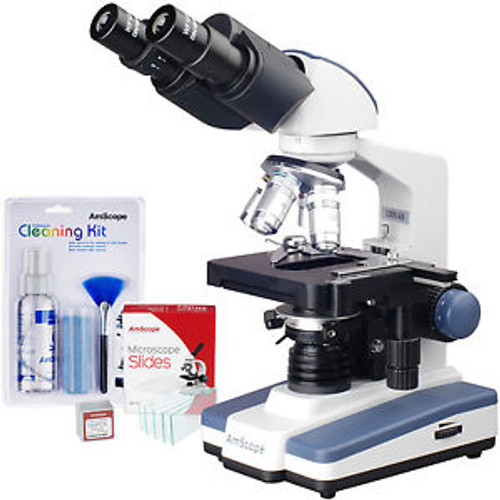 AmScope 40X-2500X Lab LED Compound Microscope w 3D Stage + Slide & Cleaning Kit