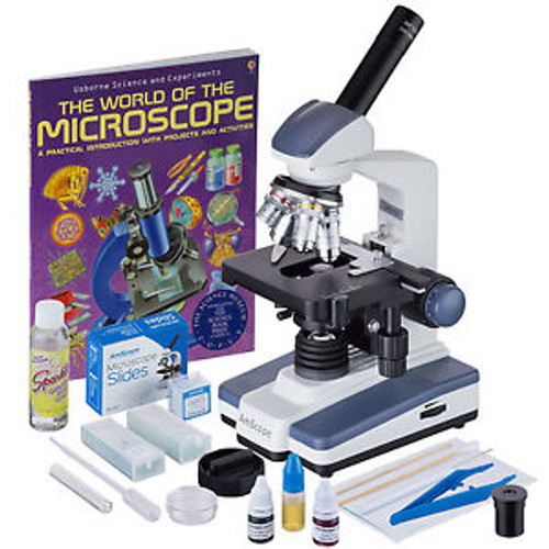 40X-2500X LED Monocular Compound Microscope + Slide Preparation Kit + Book