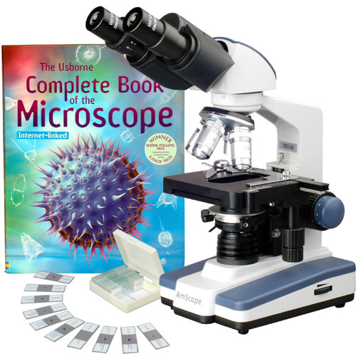 2500X Lab LED Binocular Compound Microscope w 3D-Stage 25 biology Slides & Book