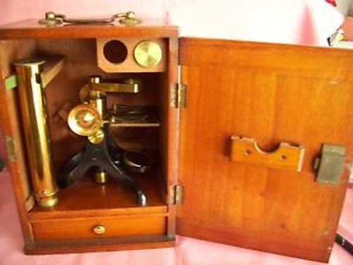 VINTAGE MONOCULAR BRASS MICROSCOPE W/FITTED CABINET & SLIDES