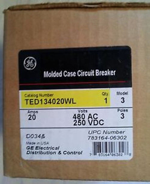 GE TED134020WL 20A 3-Pole 480V Circuit Breaker