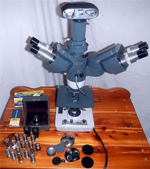 2 Head American Optical Microstar One-Ten Model 1130 Microscope w/camera +extras