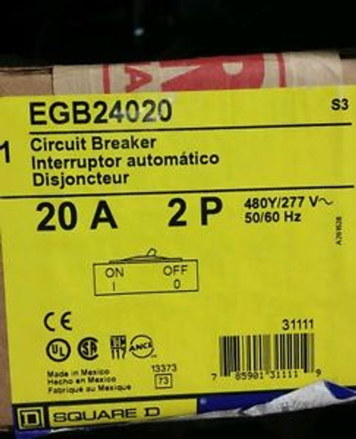 Square D Egb24020 Circuit Breaker 2 Pole 20 Amp 480 Volt 35 Aic Rated Used