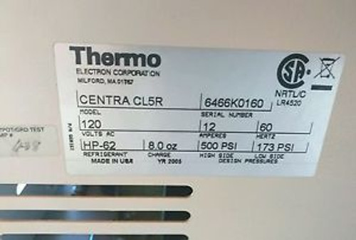 THERMO ELECTRON CENTRA CL5R REFRIGERATED CENTRIFUGE 120V AC YR 2005