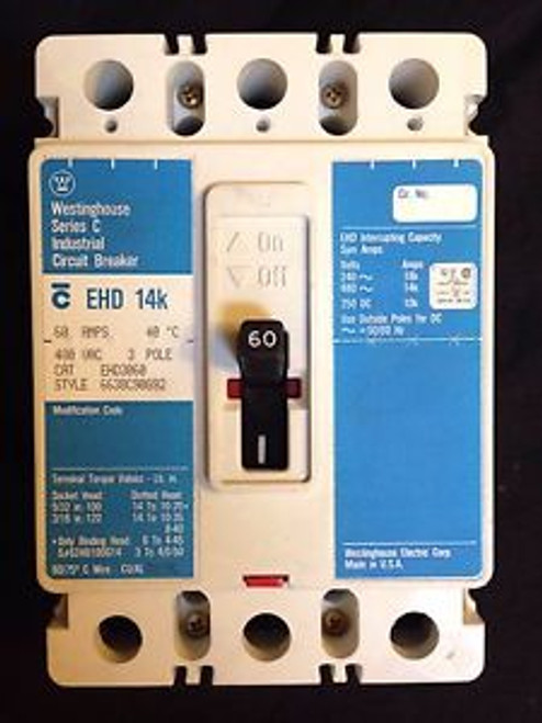 Westinghouse Ehd3060  3 Pole 60 Amp 480 Vac Circuit Breaker